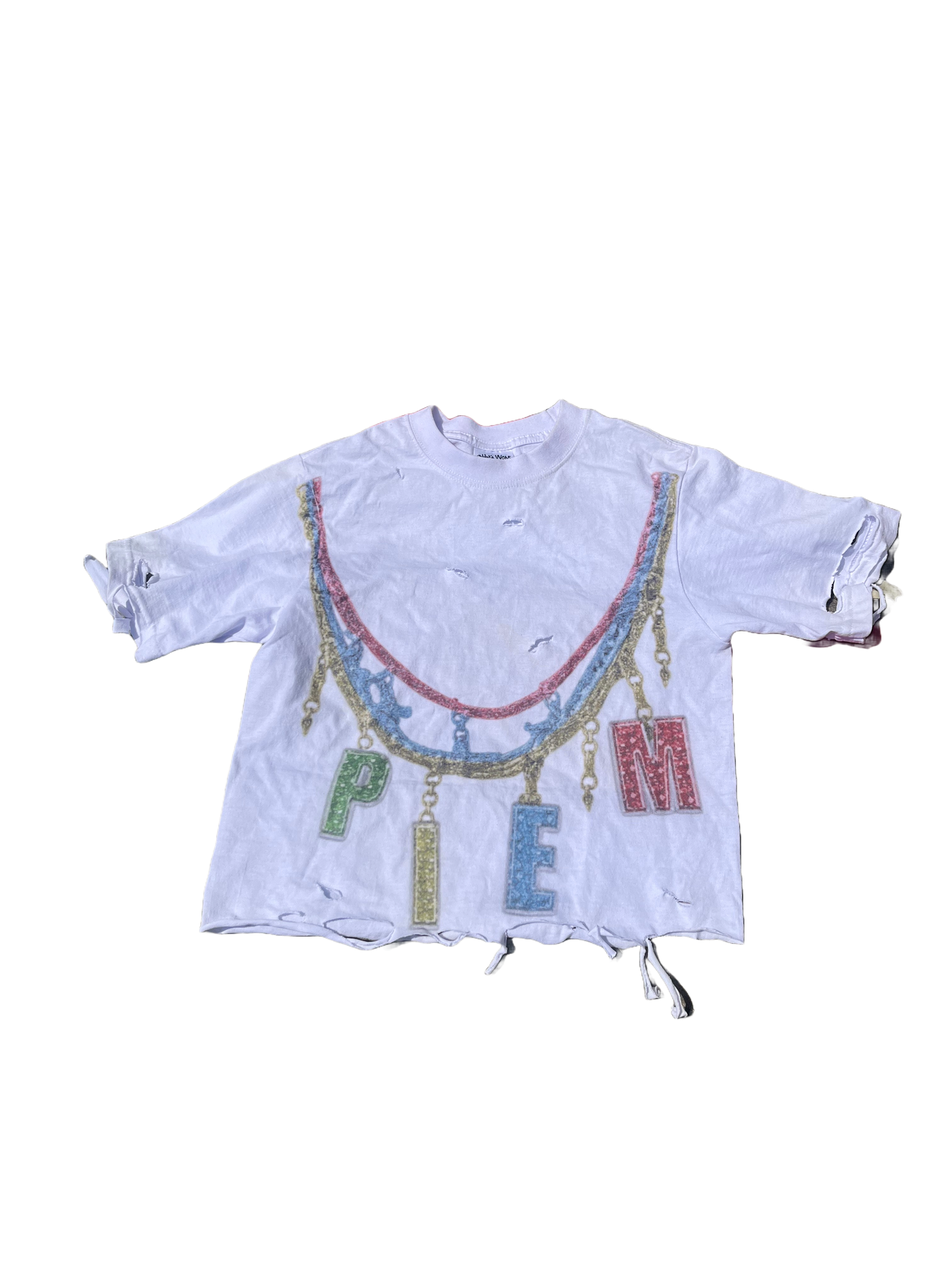 PIEM "No Moissa" female cropped and distressed t's