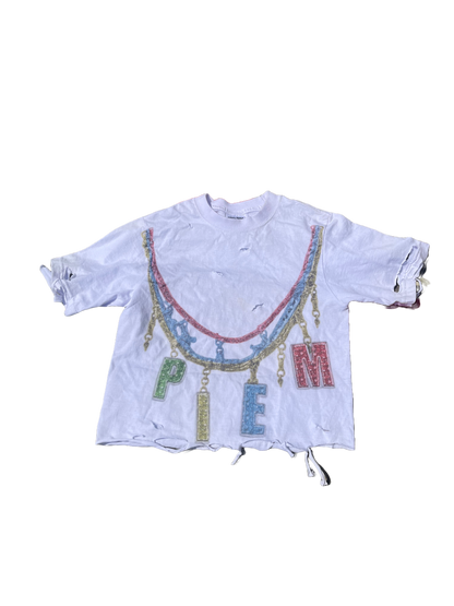 PIEM "No Moissa" female cropped and distressed t's