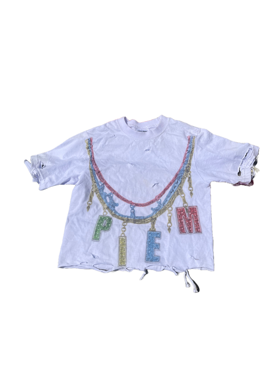 PIEM "No Moissa" female cropped and distressed t's