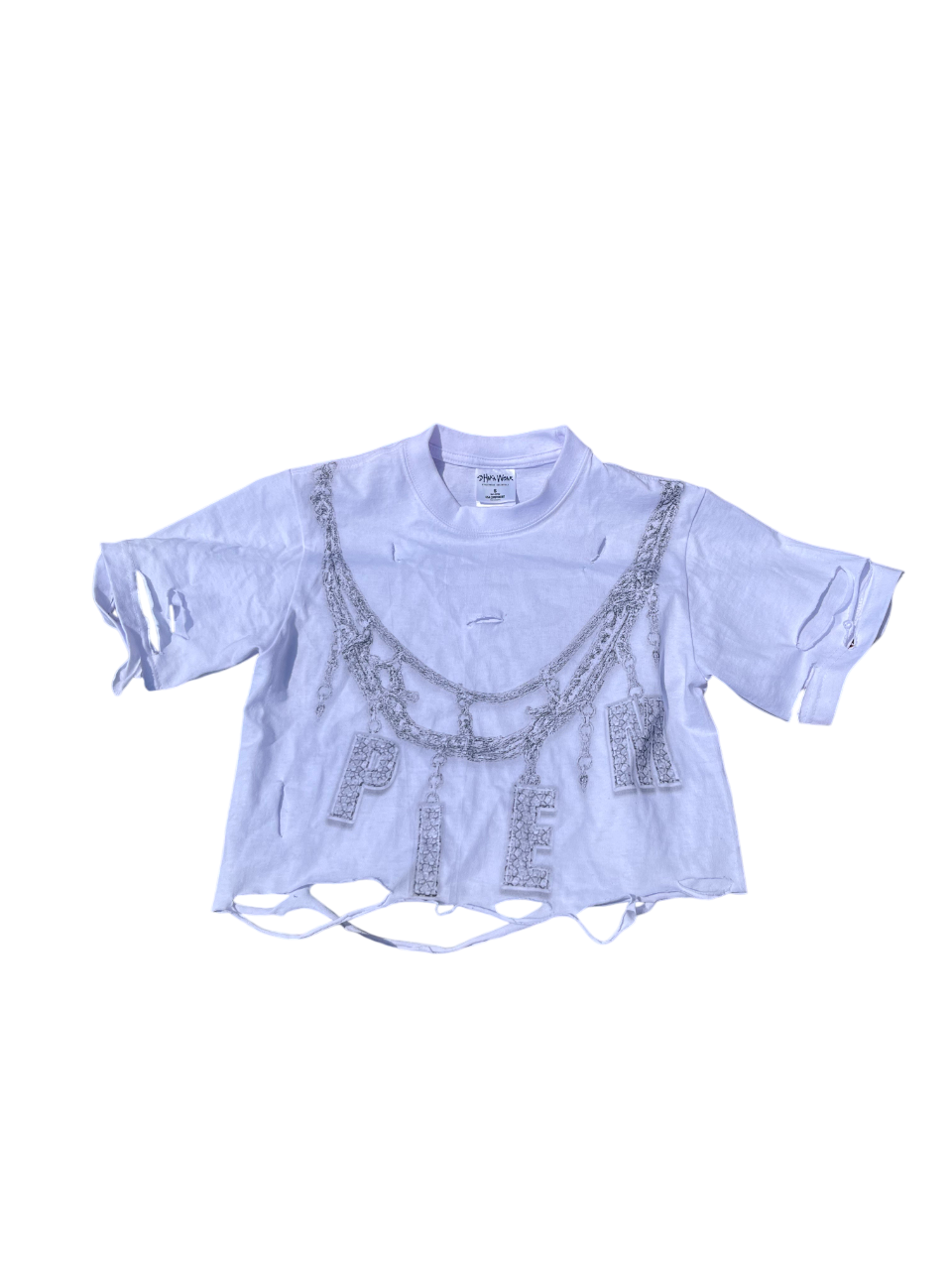 PIEM "No Moissa" female cropped and distressed t's