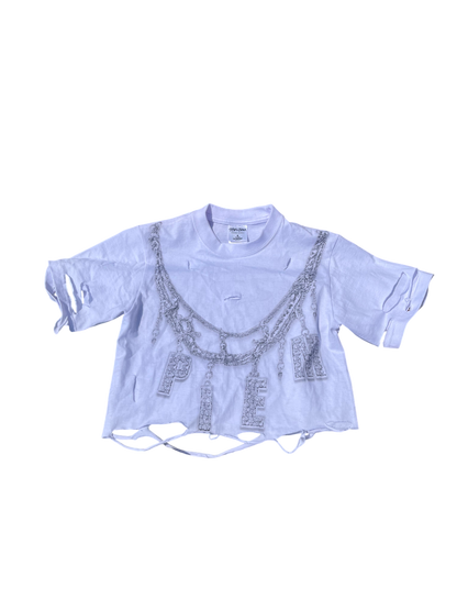 PIEM "No Moissa" female cropped and distressed t's